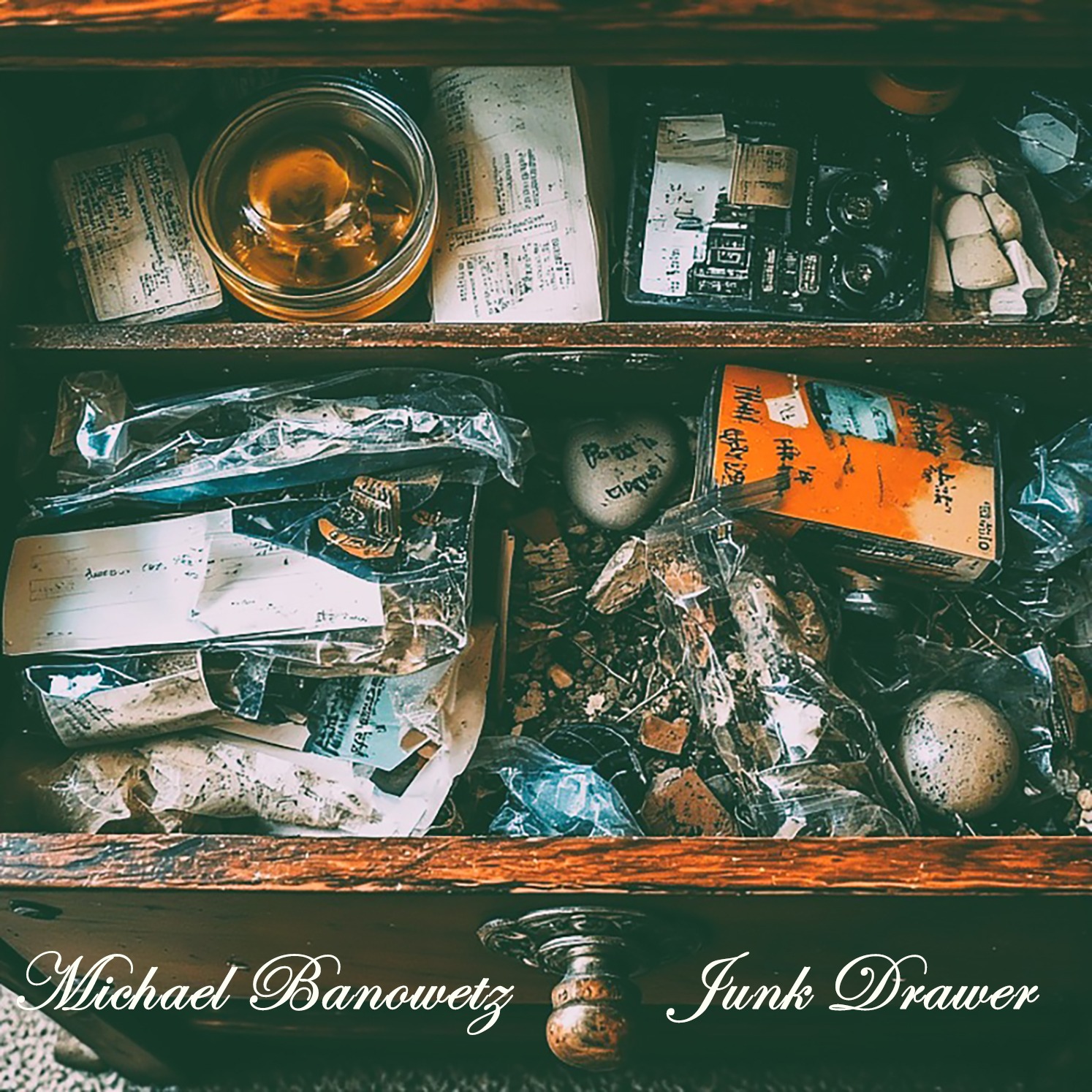 Junk Drawer album cover by Michael Banowetz, showing a drawer filled with keepsakes.